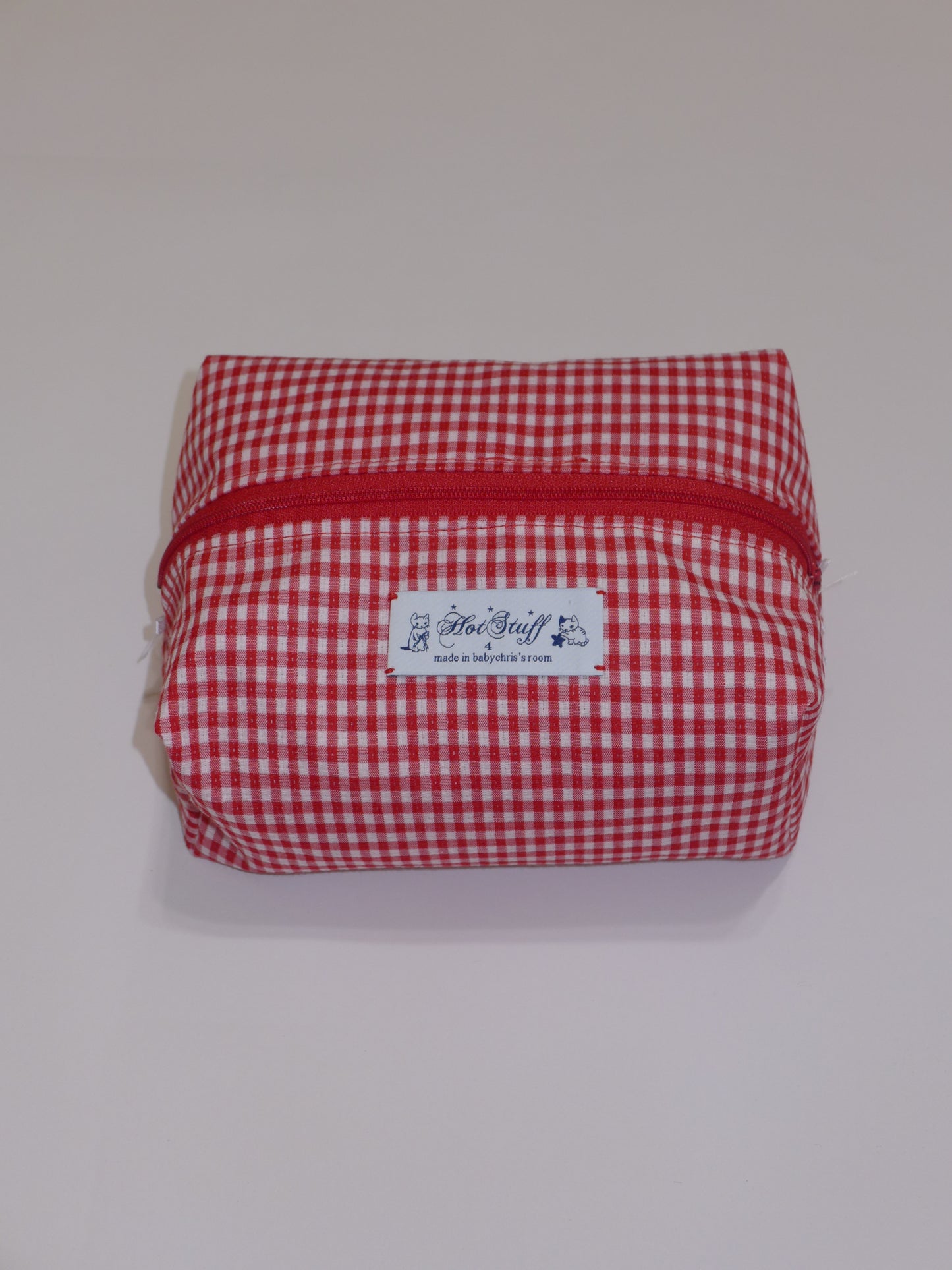 red gingham makeup bag