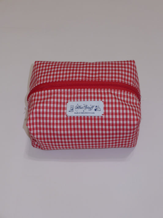 red gingham makeup bag