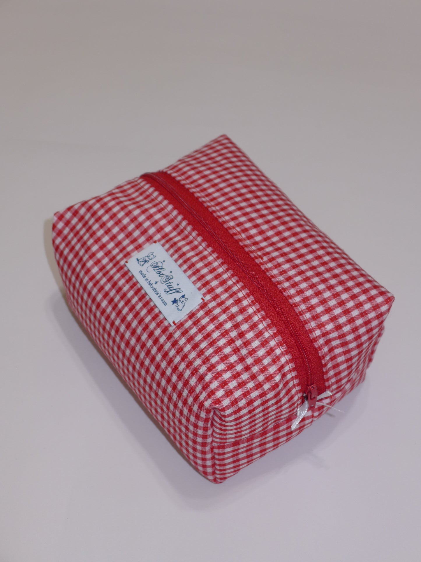 red gingham makeup bag